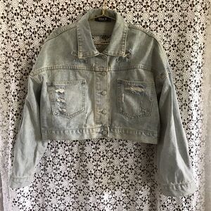 Blue B Collection distressed embellished back Denim jean jacket- Light Blue